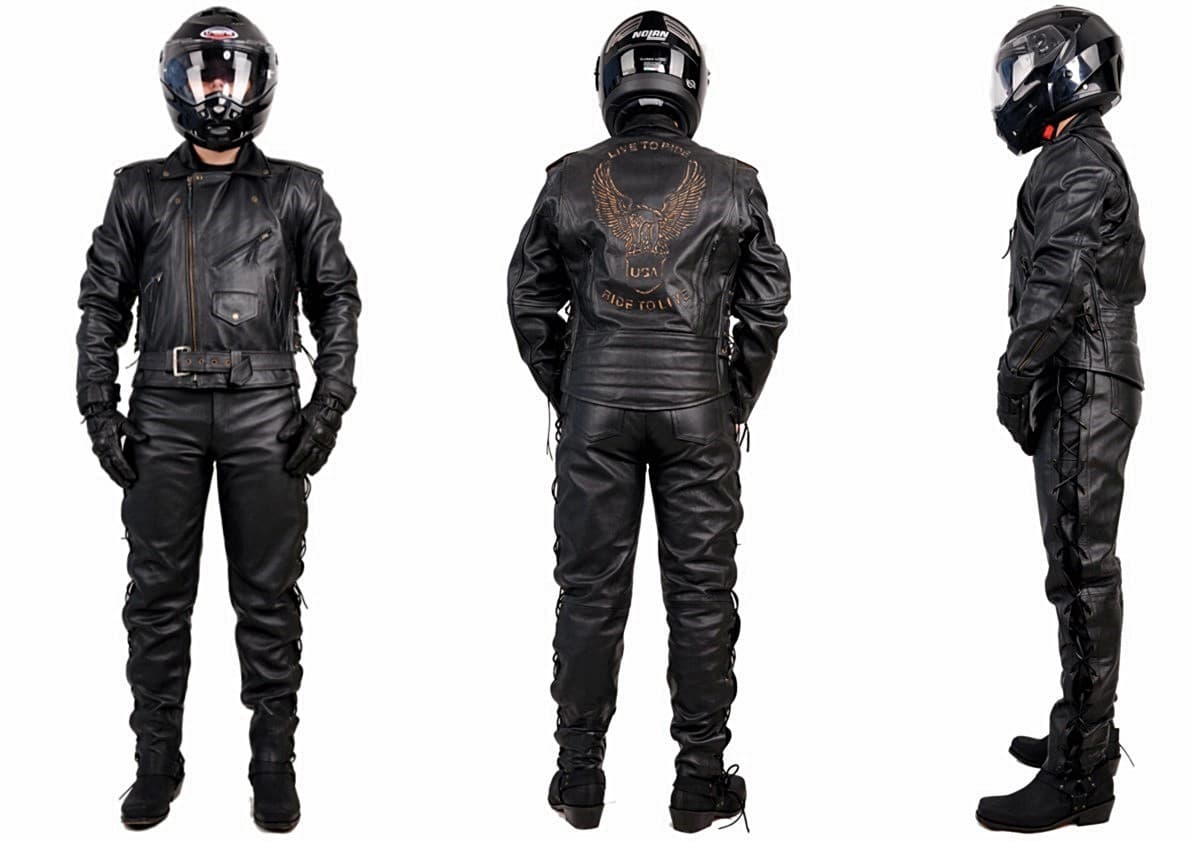KLASYCZNY KOMPLET SKÓRZANY RAMONESKA Z ORŁEM USA + SPODNIE WIĄZANE CHOPPER, CLASSIC, CUSTOM, CRUISER. KOM048