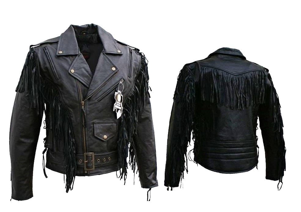 PROFESJONALNA KURTKA SKÓRZANA MOTOCYKLOWA RAMONESKA Z FRĘDZLAMI KSM012