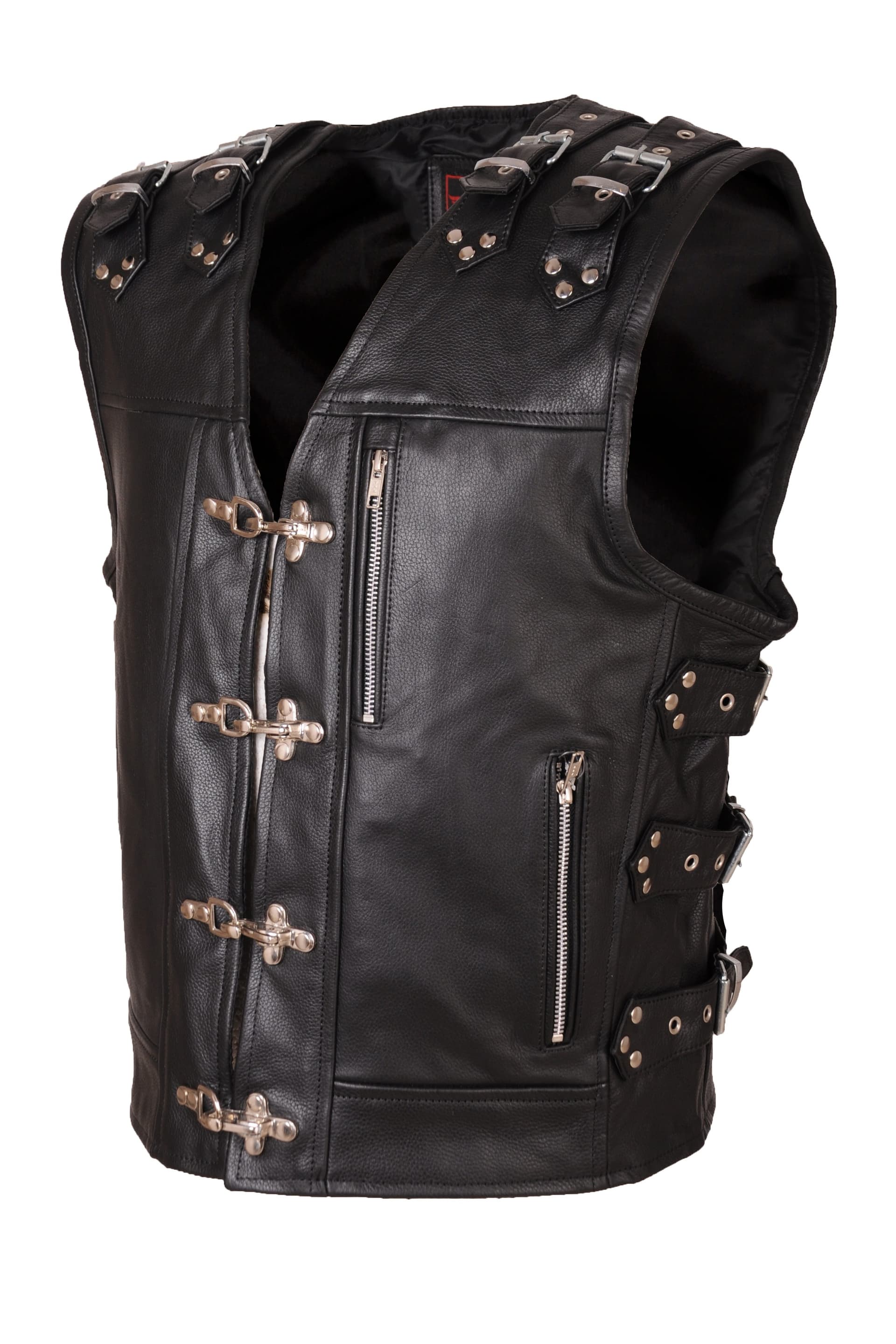 KAMIZELKA MOTOCYKLOWA SKÓRZANA Z KLAMRAMI I PASKAMI KM019